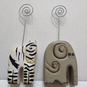 Pier 1 Imports Picture postcard holder wood wire lot 2 Elephant & Zebra 7 inch
